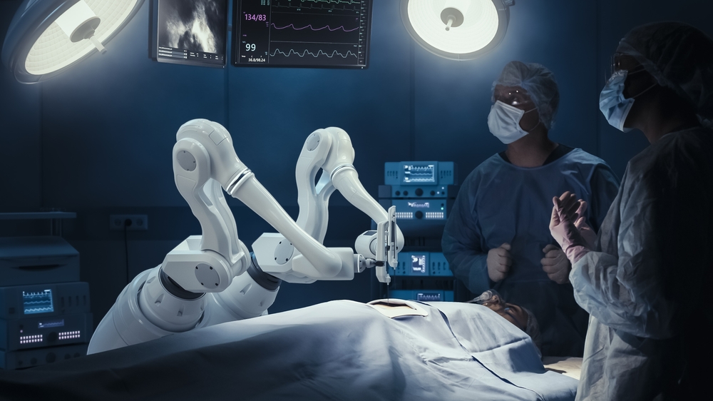 Two,Surgeons,Observing,High-precision,Programmable,Automated,Robot,Arms,Operating,Patient